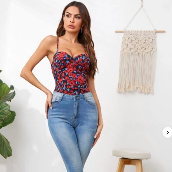 New Shein Red & Blue Floral Print Cami Top Size Small - Picture 5 of 7